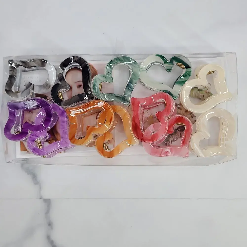 12 Heart Shaped Cutout Claw Clips Hair Accessories Multiple Colors Marble Swirl